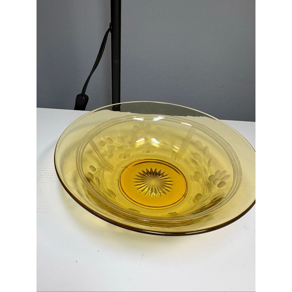 Vintage Amber/ golden  Depression Glass Floral Etched Console Fruit Bowl 9 Inch